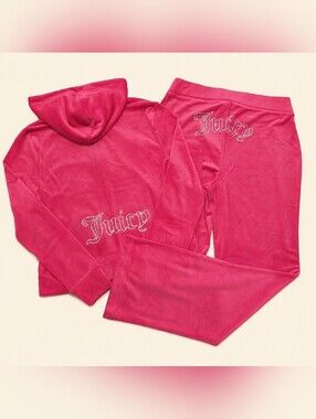 Juicy Couture Pink Velour Hallow Rhinestone Logo Zip Hoodie & Pants Set - M
